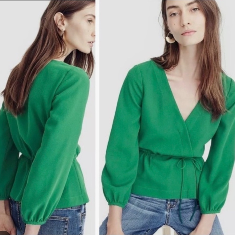 💚 J. Crew Drapey Crepe Faux Wrap Surplice Tie Waist Top Blouse